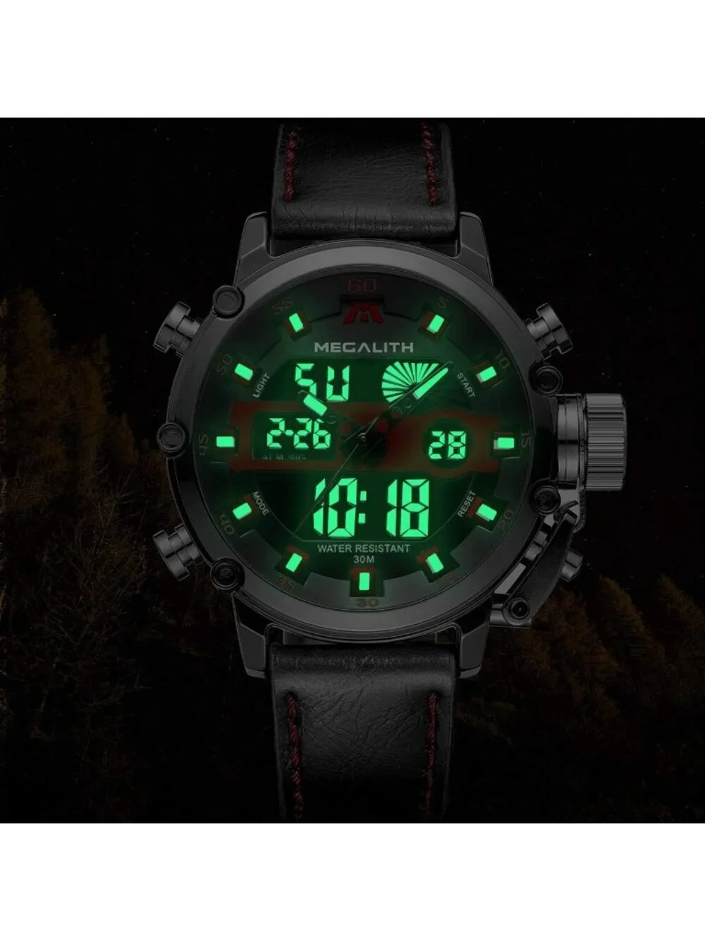 Men's Black And Red Analog Leather Strap Waterproof Multifunction Digital Watch
